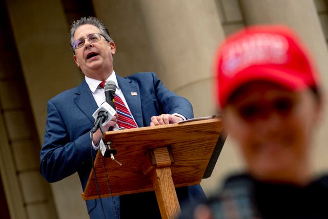 <p>Matthew DePerno, Republican candidate for Michigan attorney general, speaks during a rally at the Michigan state Capitol, Oct. 12, 2021</p>