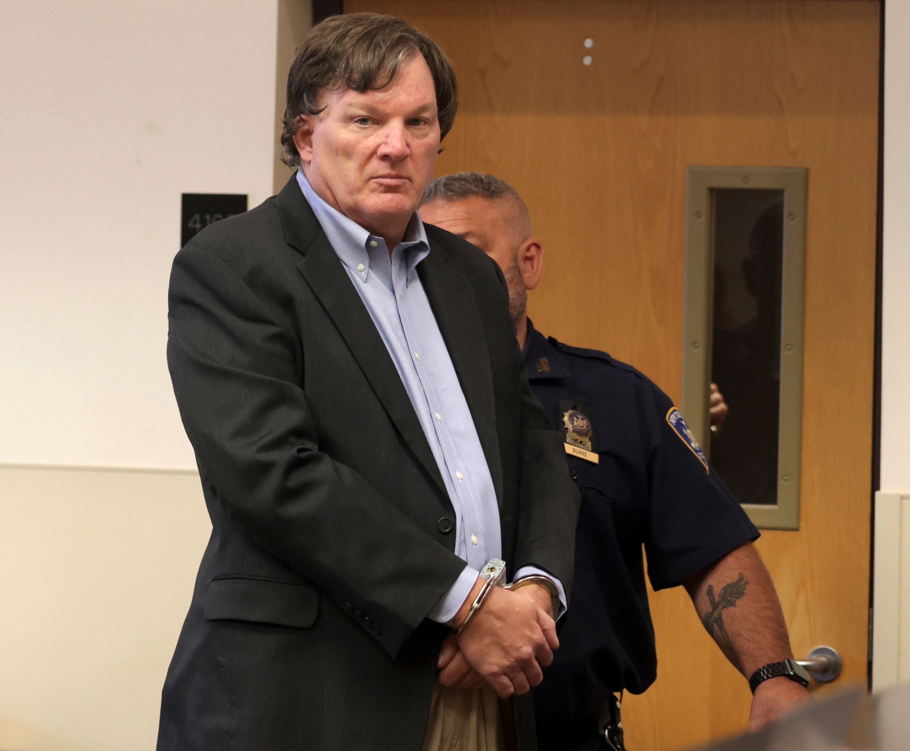 Rex A Heuermann, the architect accused of murdering at least three women near Long Island’s Gilgo Beach, appears before Judge Timothy P Mazzei in Suffolk County Court on Tuesday