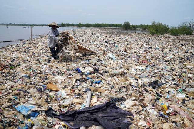 A person collecting plastic waste in Indonesia. File photo. (PA/Owen Humphreys)