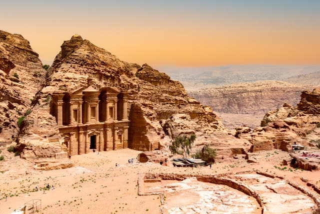 <p>Prehistoric city Petra is partly built into rock</p>
