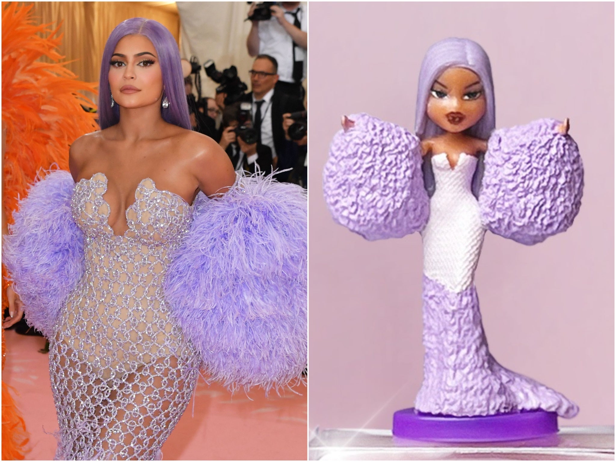 Kylie Jenner wearing Versace to the 2019 Met Gala and her Bratz doll