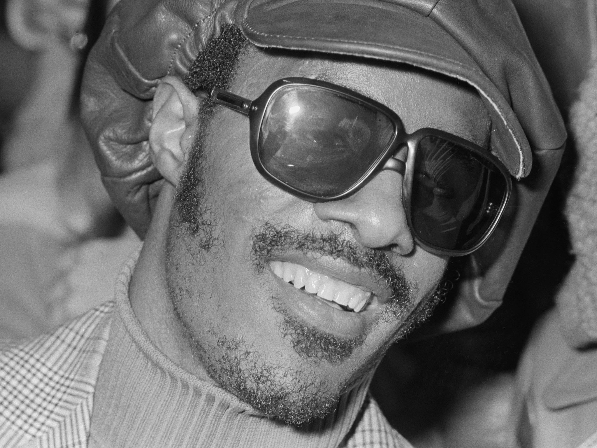 Stevie Wonder photographed in the UK on 25 January 1974, a year after his near-fatal crash