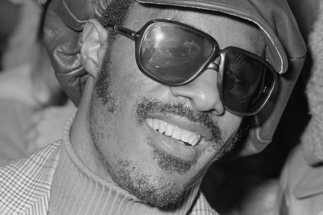 <p>Stevie Wonder photographed in the UK on 25 January 1974, a year after his near-fatal crash</p>