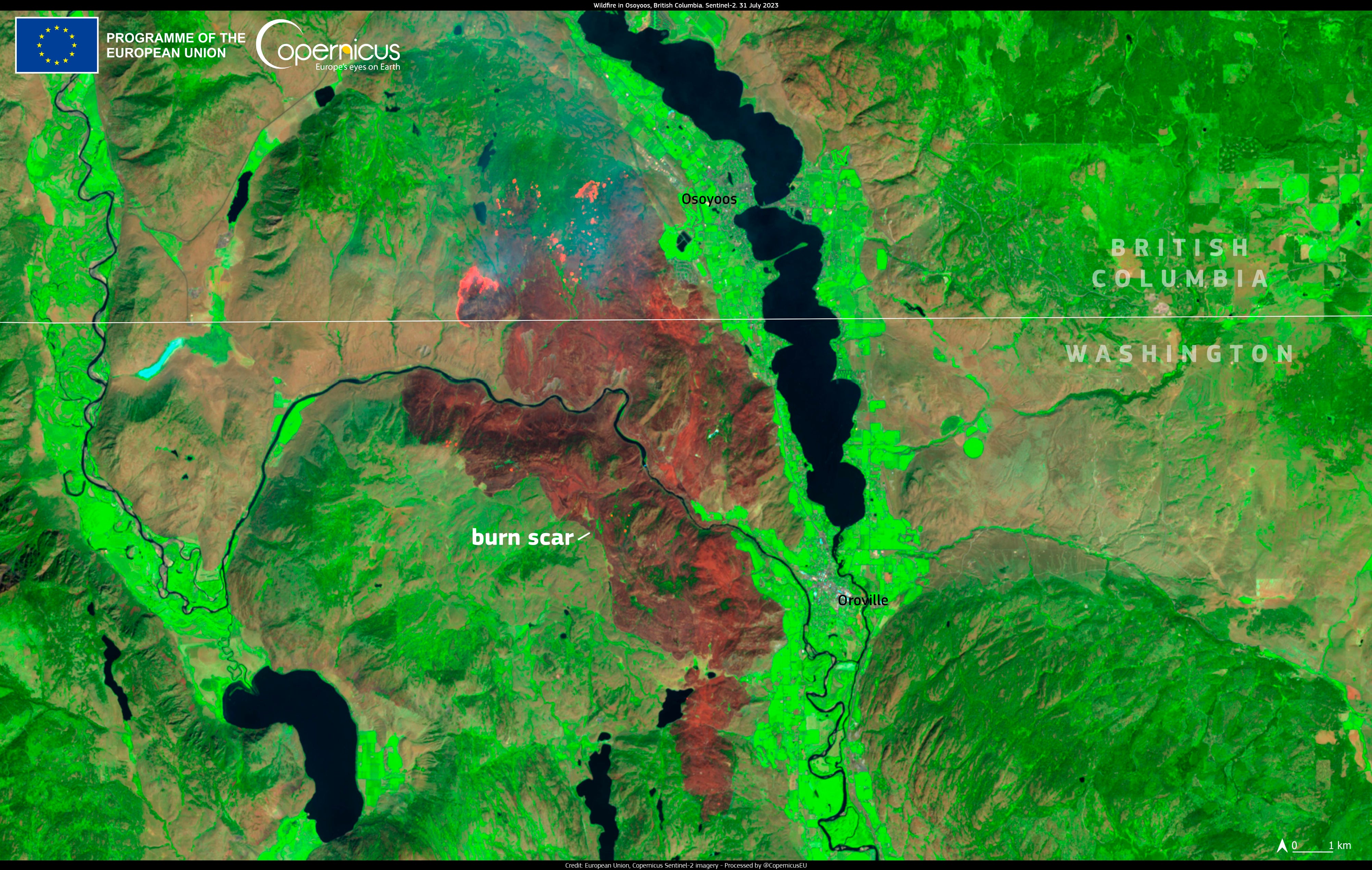 <p>The burn scar, captured on 31 July 2023, from a fire which impacted communities in both Canada and the United States</p>