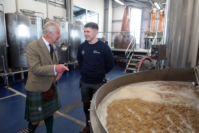The King chatted to the staff at 8 Doors Distillery in John O’Groats, Caithness (Robert MacDonald/PA)