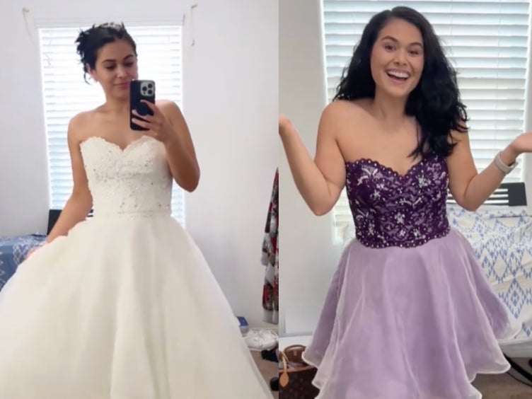 Bride cuts and dyes her wedding dress purple for Taylor Swift s Eras Tour The Independent