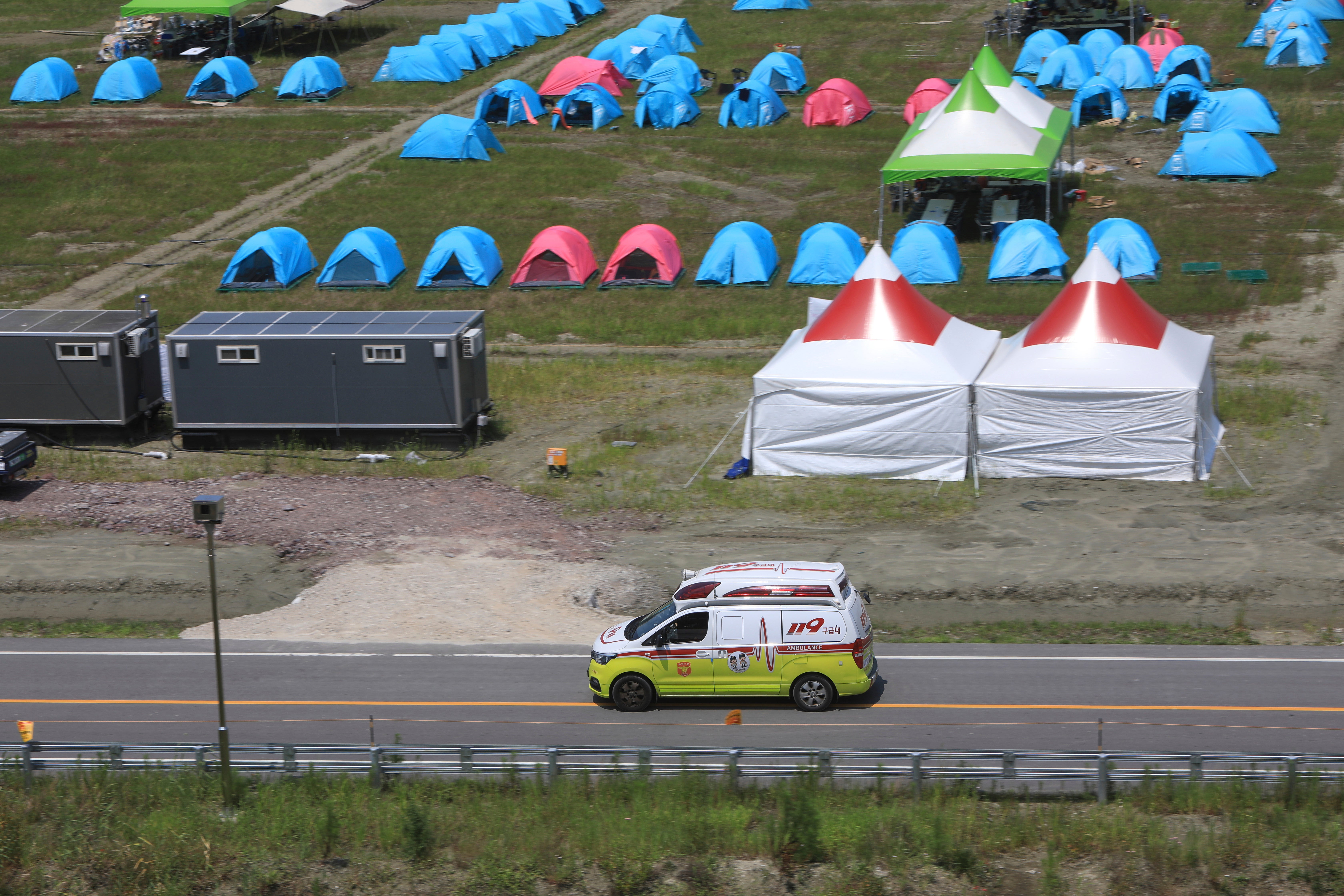 An ambulance arrives at the site in South Korea