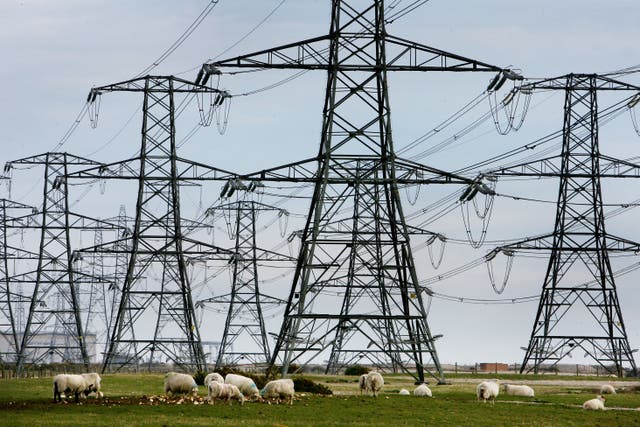 Overhead power cables from the Dungeness nuclear power station stretching across Kent (Gareth Fuller/PA)