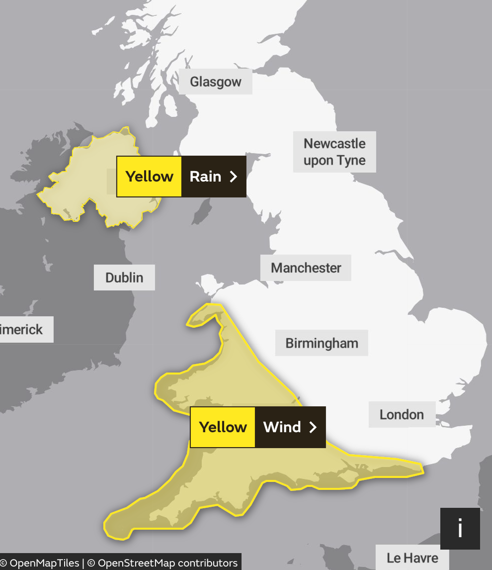 The impacted areas include Northern Ireland and parts of the west and southwest of England and Wales