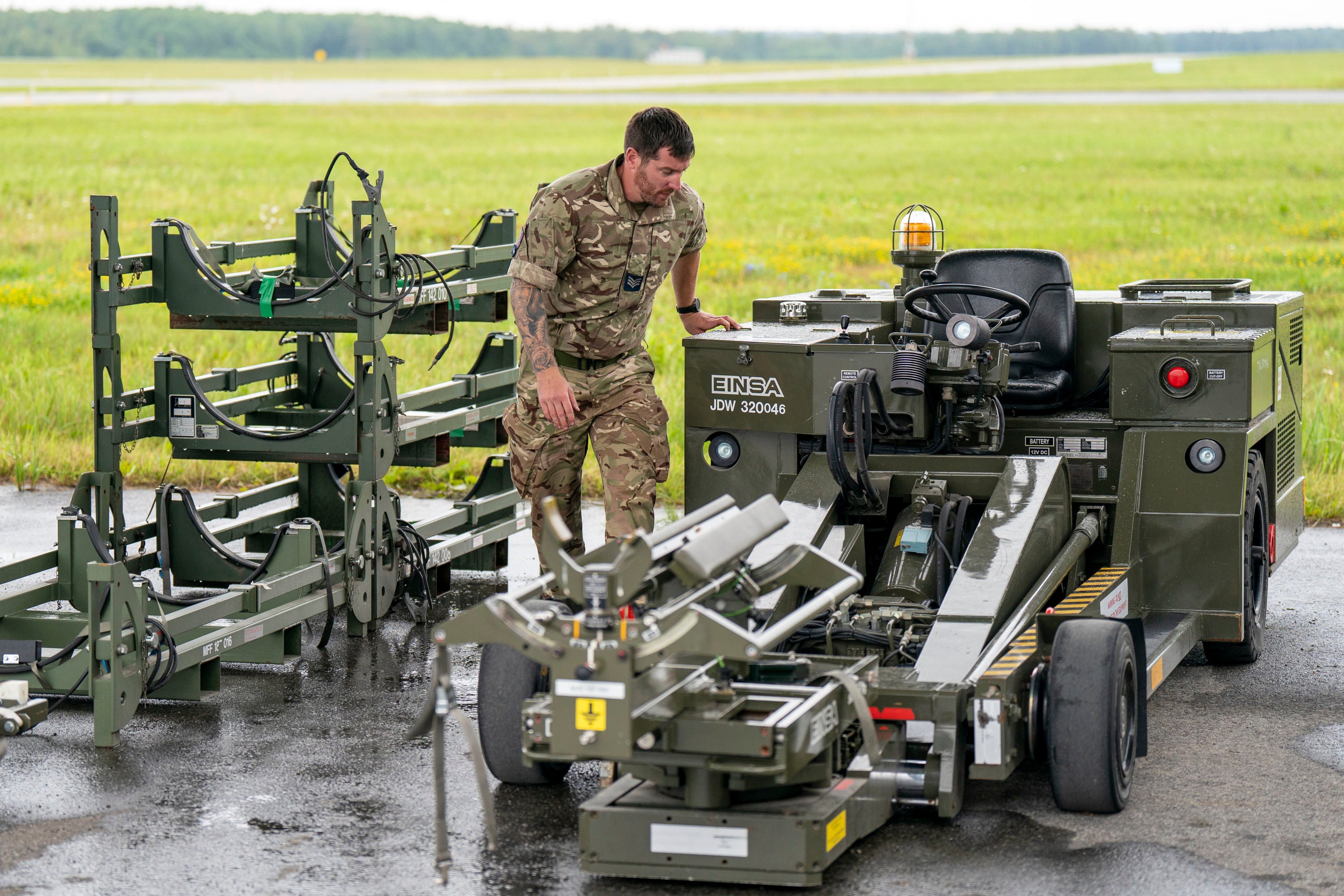 Ground engineer Sergeant Matt Cozens, who is part of the Royal Air Force (RAF)140 Expeditionary Air Wing, inspects the VAP60 weapon loaders, used to arm a squadron of RAF Eurofighter Typhoon jets, currently deployed for Operation Azotize