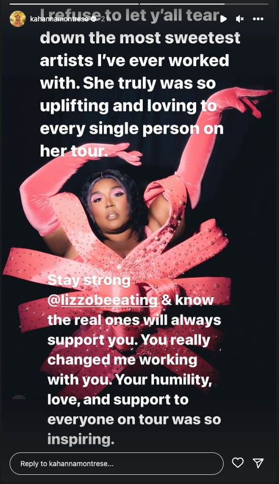 Kahanna Montrese supports Lizzo on Instagram Story