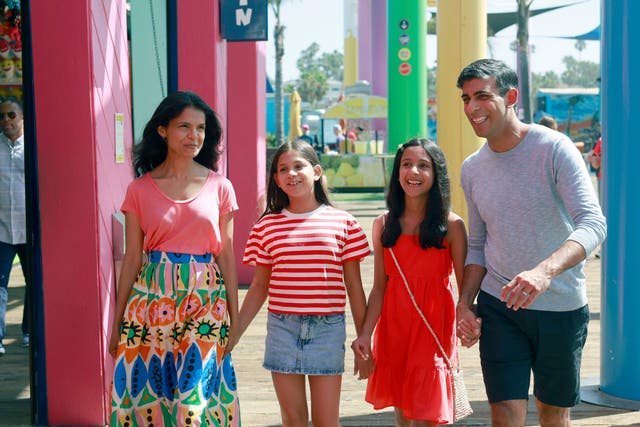 Rishi Sunak with his wife Akshata Murty and daughters Krishna and Anoushka at Santa Monica Pier in California (Emma McIntyre/PA)