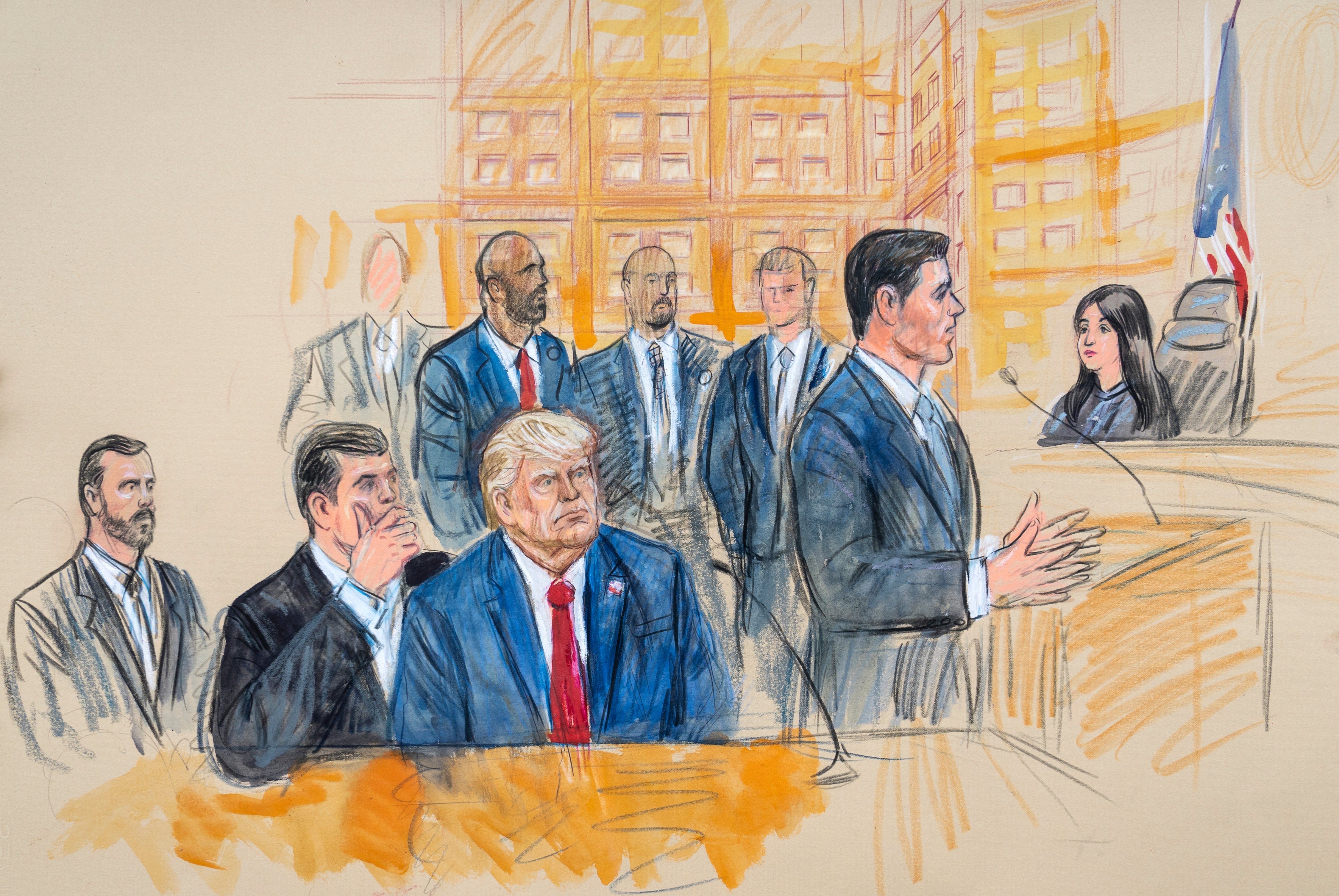 Donald Trump in a court sketch at his arraignment