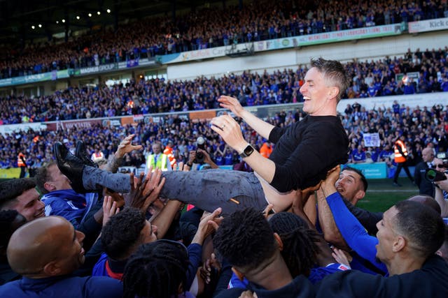 Kieran McKenna celebrates Ipswich’s promotion back to the Sky Bet Championship (Joe Giddens/PA)