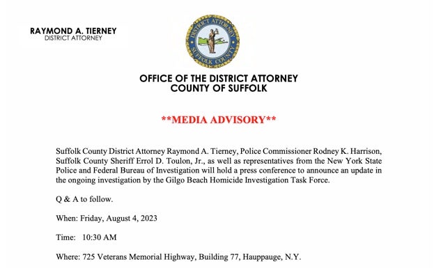 Suffolk County DA’s office press release announcing update in case