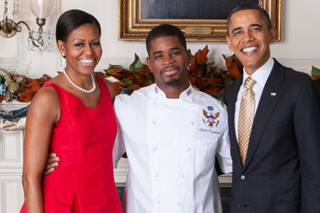 <p>Michelle and Barack Obama, with their personal chef Tafari Campbell, who died in a paddleboarding accident off Martha’s Vineyard</p>
