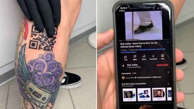 <p>Man gets tattoo which ‘plays’ Rick Astley hit.</p>