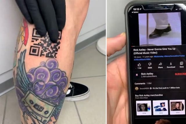 <p>Man gets tattoo which ‘plays’ Rick Astley hit.</p>