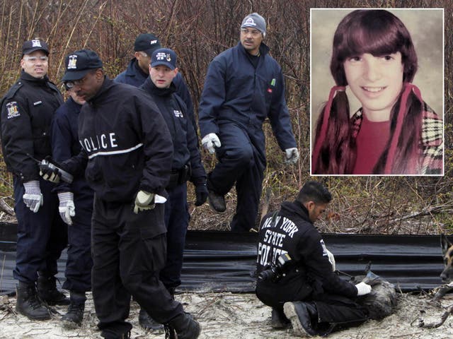 <p>Karen Vergata (inset) was identified as Jane Doe 7. Her remains were found along Long Island (pictured police during the searches for remains in 2011) </p>