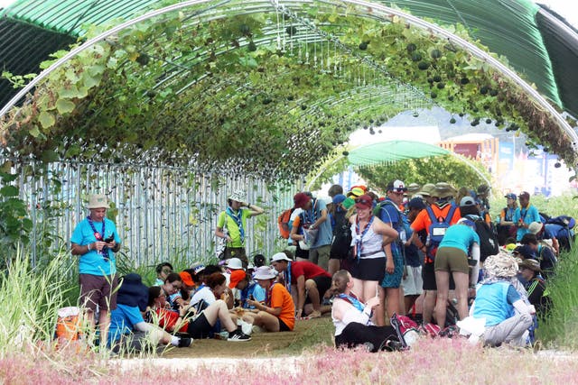 <p>File. Attendees of the World Scout Jamboree beat the heat under a vine tunnel at a campsite in Buan, South Korea, Friday, 4 August 2023. - More than 100 people were treated for heat-related illnesses at the World Scout Jamboree being held in South Korea, which is having one of its hottest summers in years</p>