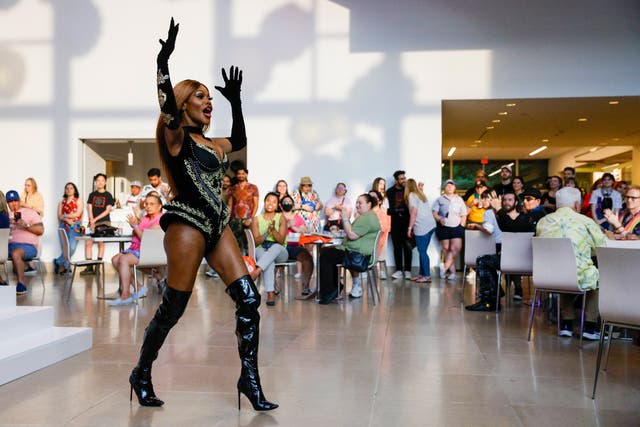 <p>Drag queen Stasha Sanchez performs at the Dallas Museum of Art during the Dallas Arts District Pride Block Party on 16 June, 2023.</p>