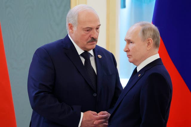 <p>Alexander Lukashenko, left, with Vladimir Putin earlier this year</p>