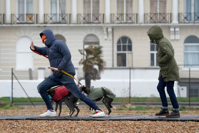 A couple walk their dogs along the beach during strong winds in Folkestone, Kent, as wet and windy weather is forecast for parts of the UK with the arrival of Storm Antoni (PA)