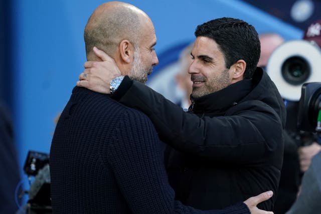 Manchester City manager Pep Guardiola (left) and Arsenal boss Mikel Arteta will see their sides go head to head again in Sunday’s Community Shield (Martin Rickett/PA)
