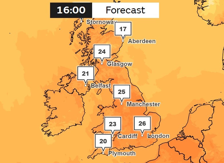 The temperatures could rise up to 28C in parts of the UK b y Thursday, the Met Office said