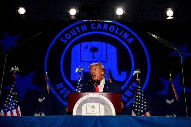 <p>Donald Trump speaks in Columbia, South Carolina following his indictment for crimes related to the effort to overturn the 2020 election</p>
