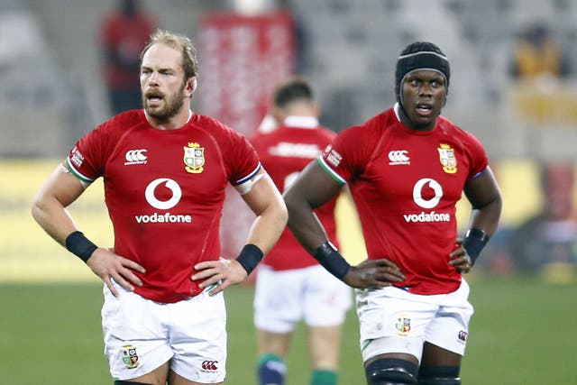 British and Irish Lions captain Alun Wyn Jones and team-mate Maro Itoje appear dejected during the Third Test defeat to South Africa on August 7, 2021 (