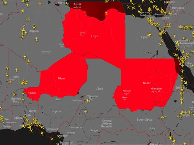 <p>Off limits: a 2,600-wide band of airspace is closed to north-south flights over Africa</p>