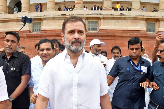 <p>Rahul Gandhi, a senior leader of India's main opposition Congress party, arrives at the parliament after he was reinstated as a lawmaker</p>