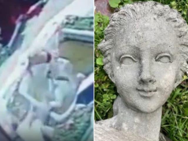 <p>CCTV footage of the incident, left, and the head of the sculpture in better days </p>