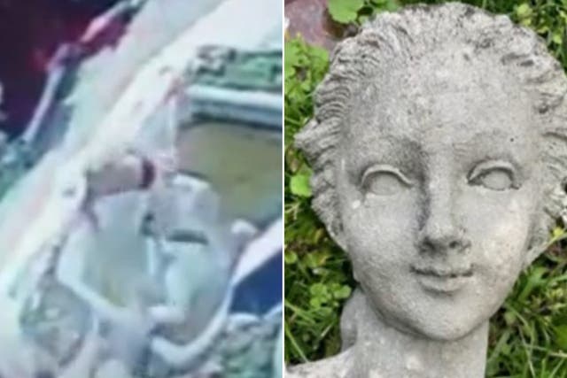 <p>CCTV footage of the incident, left, and the head of the sculpture in better days </p>