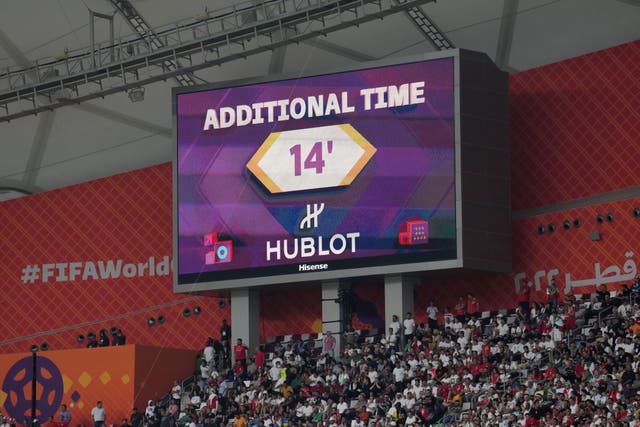 File photo dated 21-11-2022 of the big screen displaying fourteen minutes of added time at the end of the first half during the FIFA World Cup Group B match at the Khalifa International Stadium in Doha, Qatar. A significant increase in time added on at the end of either half split opinion when it was introduced at last year�s World Cup, but the change is set to apply to Premier League games this season. Issue date: Wednesday August 2, 2023.