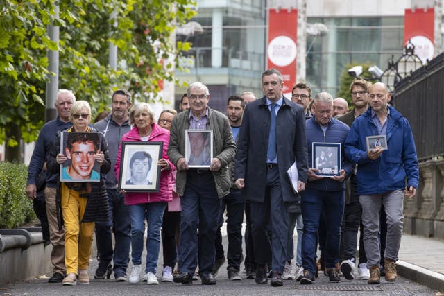 Families of Phelim McNally, Thomas Casey, Sean Anderson, Dwayne O’Donnell and Thomas Armstrong gathered outside Belfast High Court, as the Attorney General for Northern Ireland, Brenda King, has directed that fresh Inquests be held into their deaths (Liam McBurney/PA)
