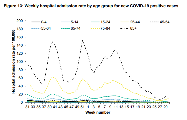 Hospital admission rates had increased to 1.97 per 100,000 as of 30 July, with those aged over 85 being the age group with the highest rate