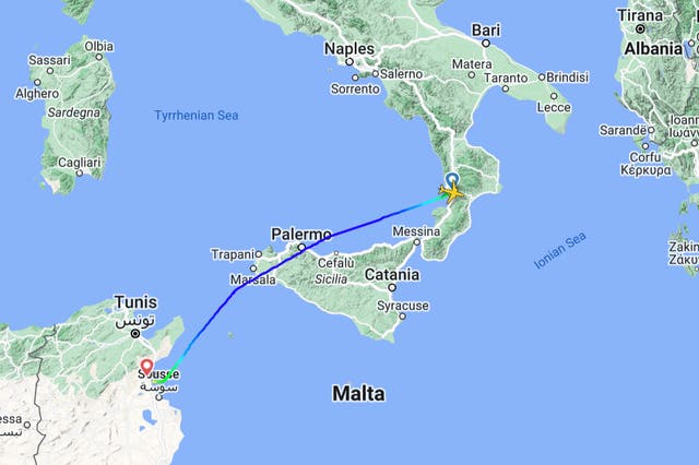 <p>Homeward bound? The path of Tui flight 4651 from Lamezia Terme in southern Italy to Enfidha in Tunisia</p>