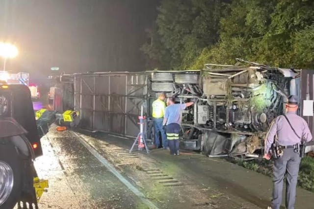 <p>A tour bus on its side on I-81 after it crashed and then flipped in Pennsylvania on Sunday killing at least three people</p>