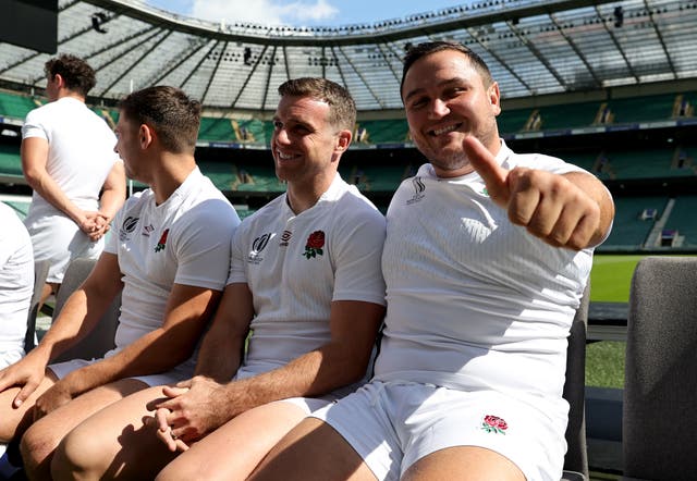 <p>England’s squad gather at Twickenham for the announcement </p>