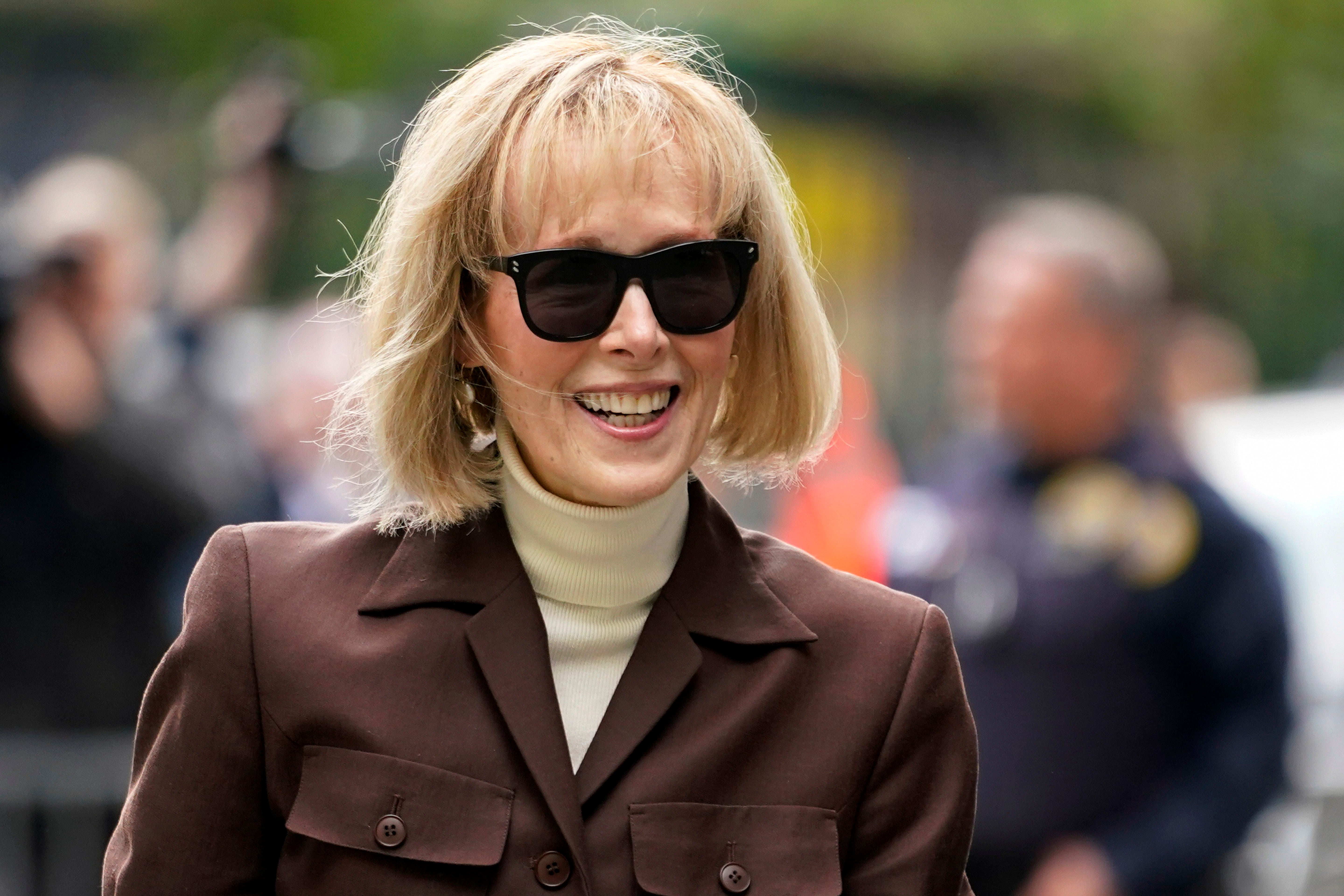 E Jean Carroll arriving at a Manhattan courthouse during her defamation trial against Donald Trump in May