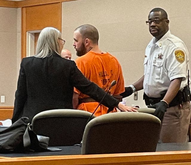 <p>Adam Montgomery is led to the defense table for his sentencing hearing in Hillsborough County Superior Court in Manchester, N.H. on Monday, Aug. 7, 2023. </p>