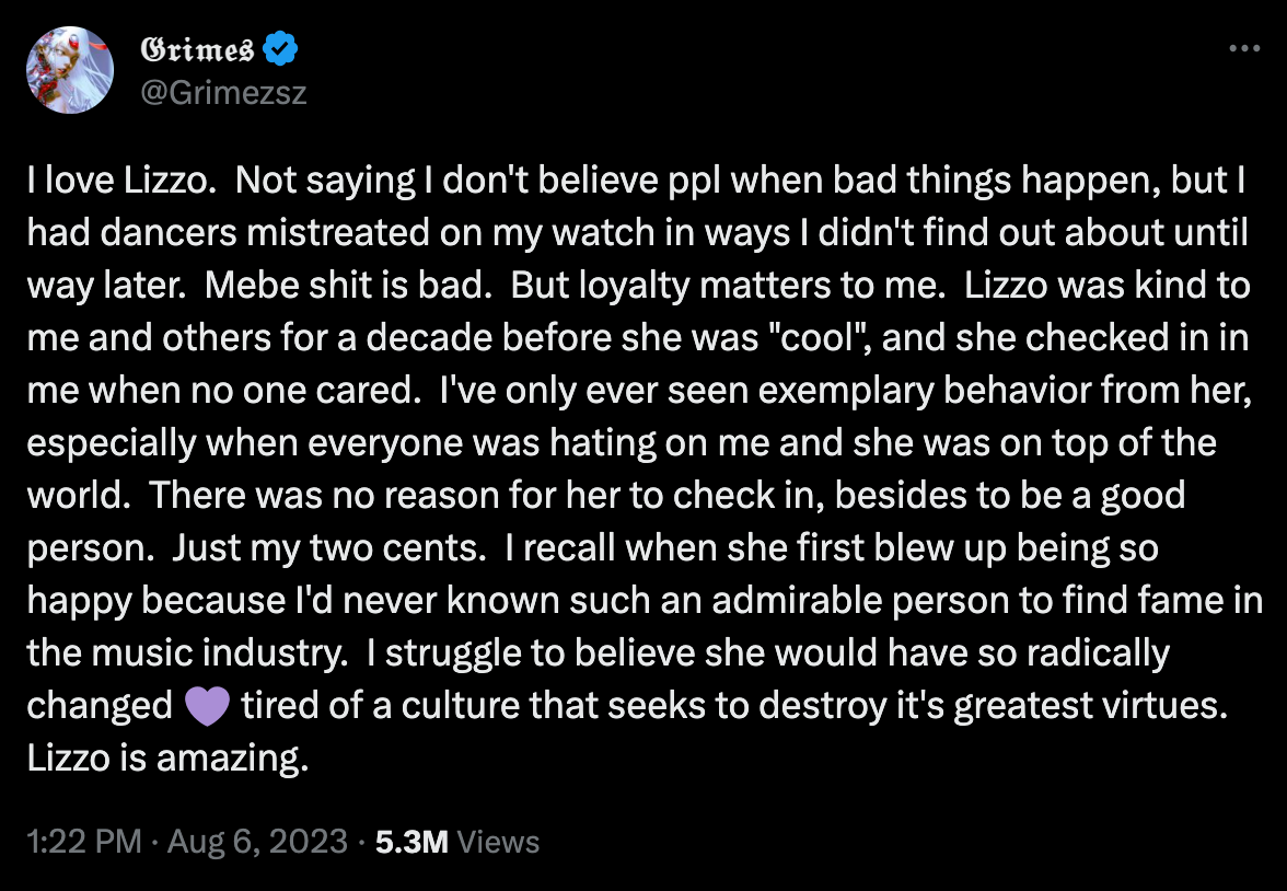 Grimes supports Lizzo against allegations