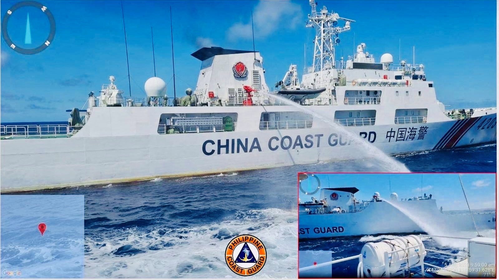 China Coast Guard using a water cannon against Philippine Coast Guard vessels on Saturday in the South China Sea