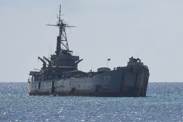 <p>The grounded Philippine navy ship BRP ‘Sierra Madre’, pictured here in April, is used to assert Manila’s territorial claims at Second Thomas Shoal in the Spratly Islands.</p>