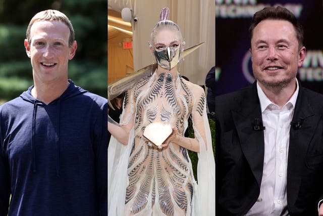 <p>Grimes (centre) shares her thoughts on the potential cage match between Mark Zuckerberg (left) and Elon Musk</p>