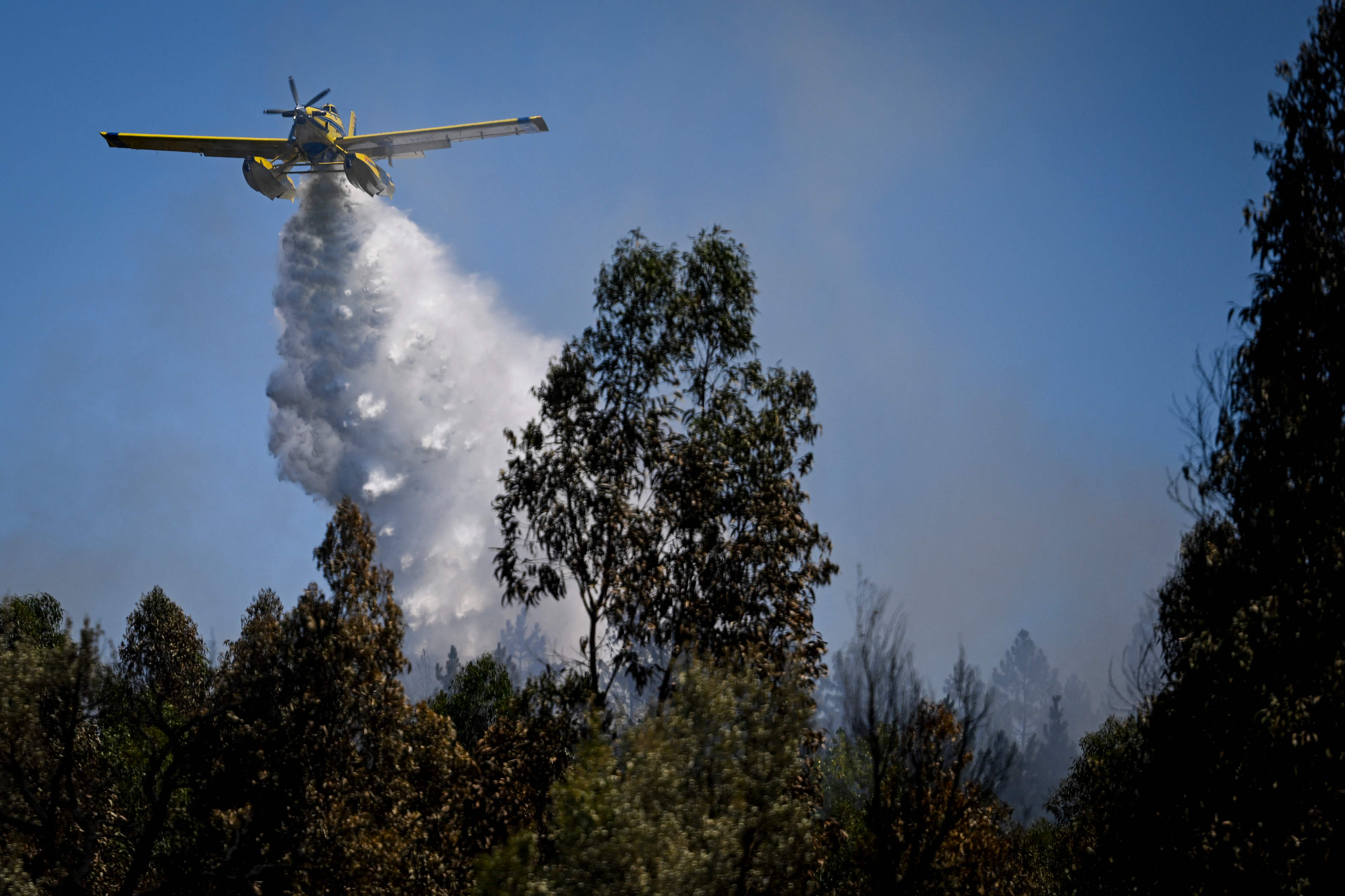 A firefighter airplane drops water in a wildfire in Carrascal, Proenca a Nova
