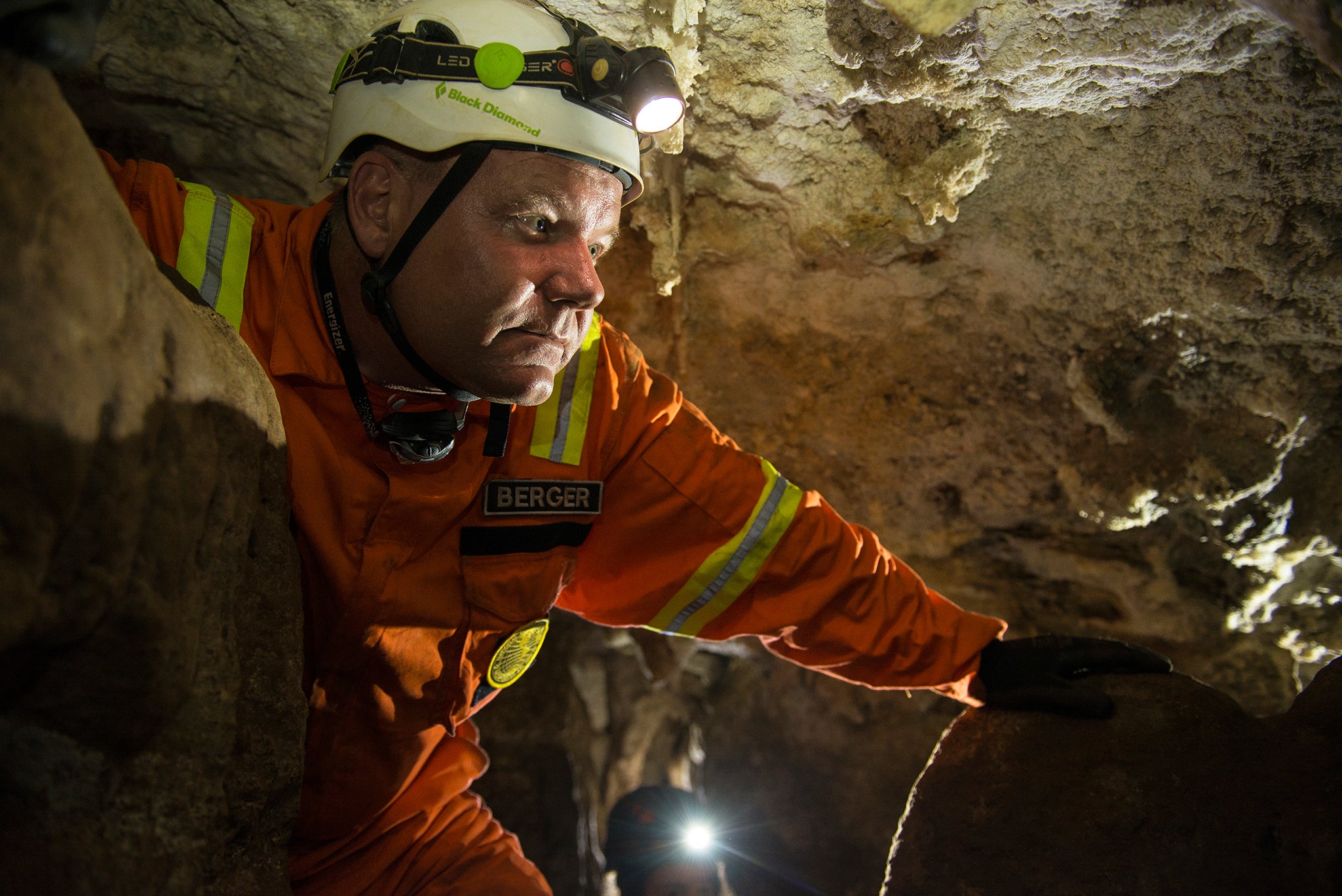 National Geographic Explorer-in-Residence Lee Berger and leader of the excavation expedition, inside the Rising Star cave in South Africa where fossil elements belonging to H. naledi, a new species of human relative, were discovered