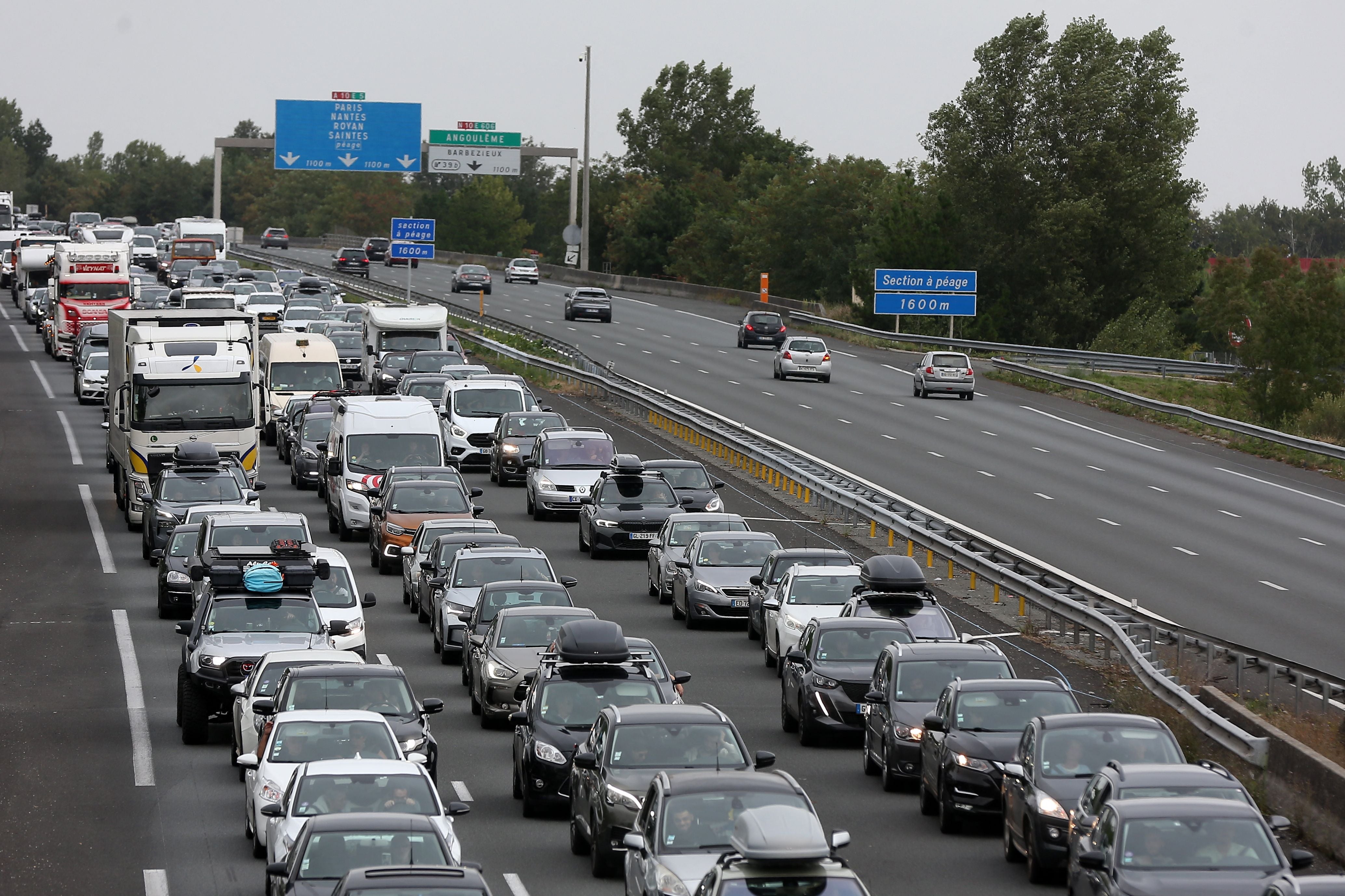 Motorists drive on the A10 motorway between Saint-Andre-de-Cubzac and Bordeaux